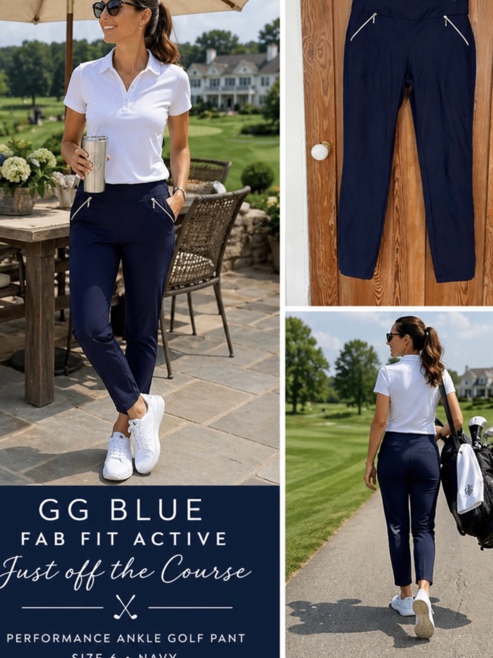 GG Blue Fab Fit Active Navy Ankle Golf Pants Zip Pocket Pertormance Sz 6 💚🎀